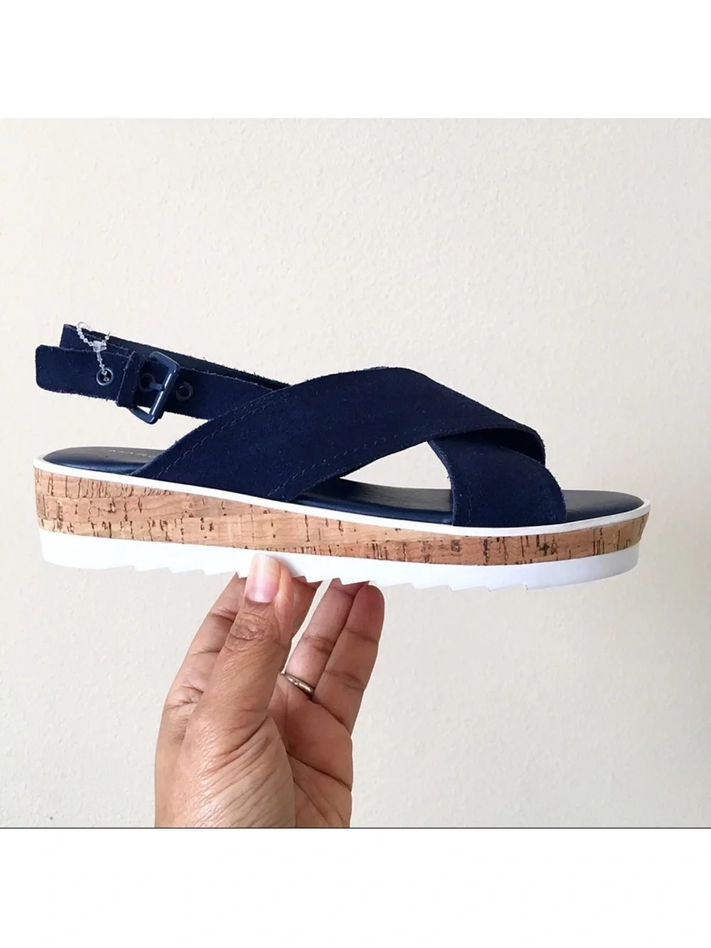 Marc Fisher Glitze Wedge Sport Lug Sole Navy Cross‑Strap Cork Platform Sandals